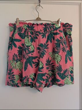 LOFT Pink Tropical Leaf Print Elastic Waist Shorts
